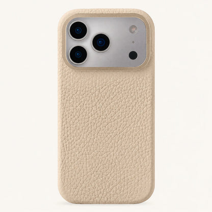 Beige top-grain leather iPhone 17 Pro case front view