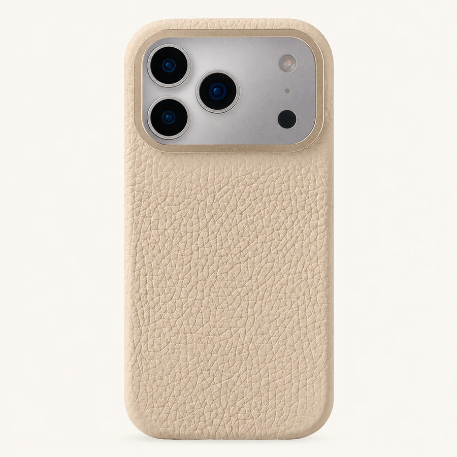 Beige top-grain leather iPhone 17 Pro case front view