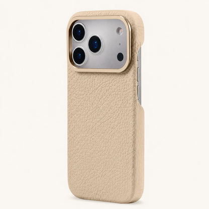 Beige top-grain leather iPhone 17 Pro case angled view