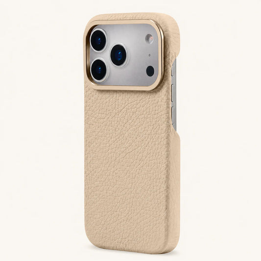 Beige top-grain leather iPhone 17 Pro case angled view