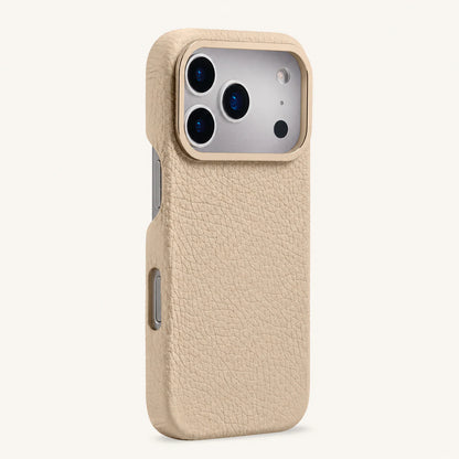 Beige top-grain leather iPhone 17 Pro case side view