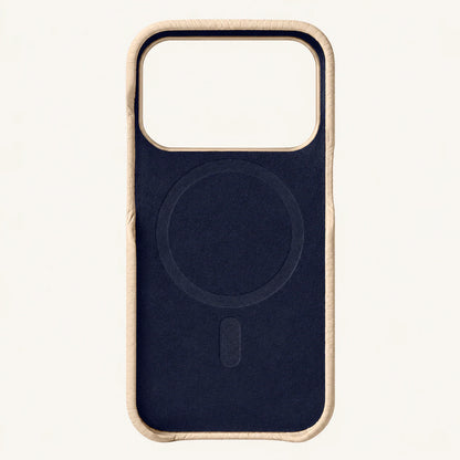 Beige top-grain leather iPhone 17 Pro case interior view