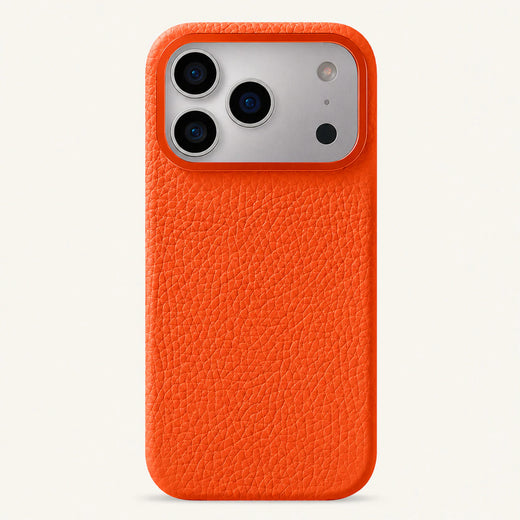 Orange top-grain leather iPhone 17 Pro Max case front view