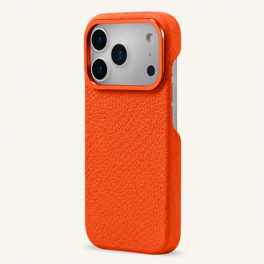 Orange top-grain leather iPhone 17 Pro Max case angled view