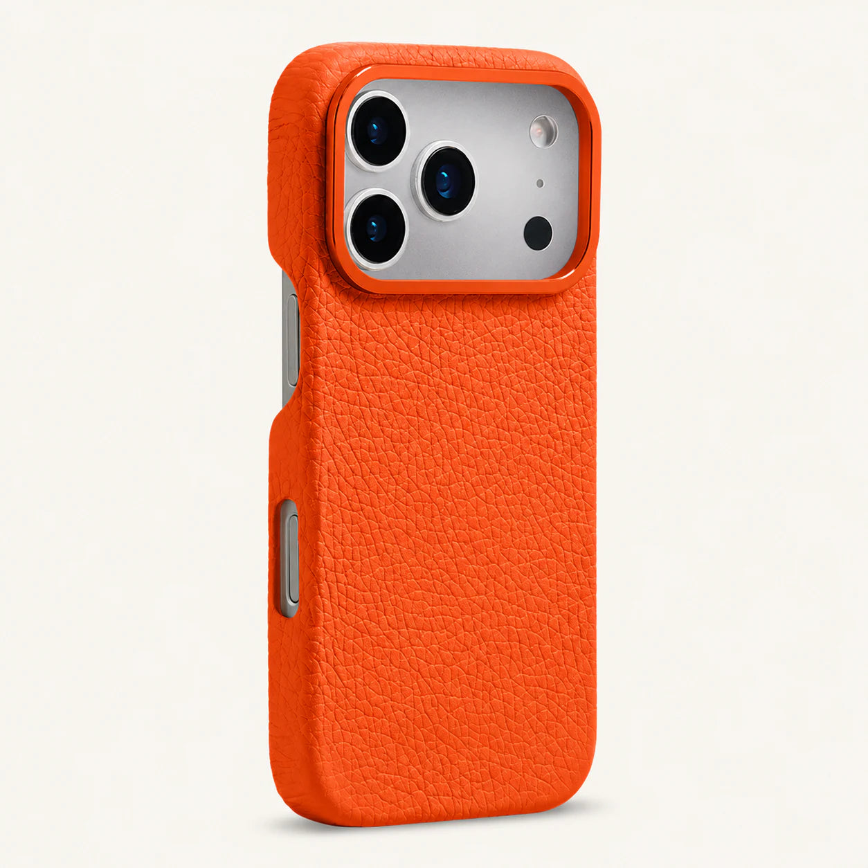 Orange top-grain leather iPhone 17 Pro Max case side view