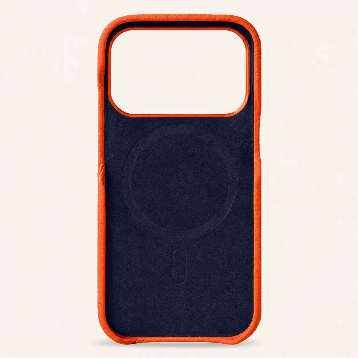 Orange top-grain leather iPhone 17 Pro Max case interior view