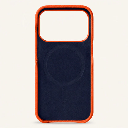 Orange top-grain leather iPhone 17 Pro Max case interior view