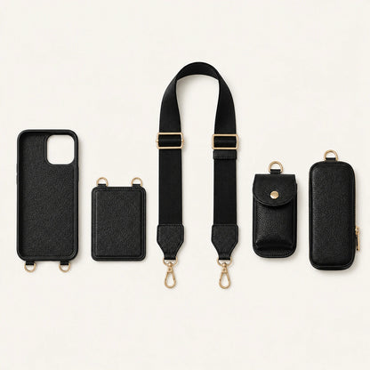 Custom Wide-Strap Storage Crossbody Phone Case components and strap layout