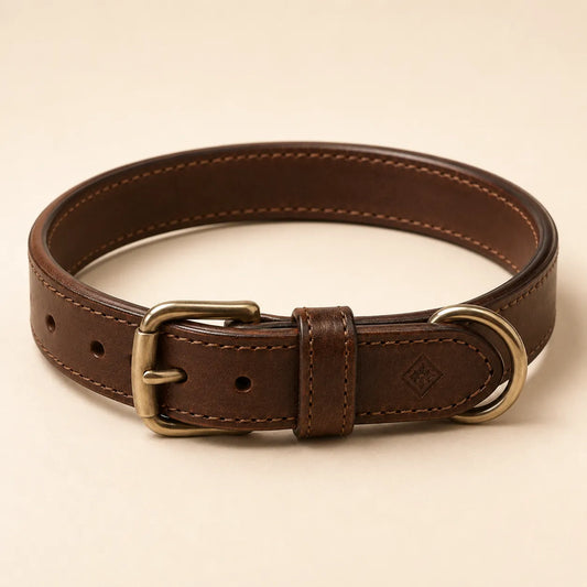 Angled view of brown leather dog collar with subtle debossed logo area