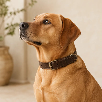 Dog wearing embossed logo leather collar concept sample