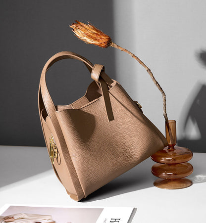 Genuine Leather Bucket Tote Handbag - image 2