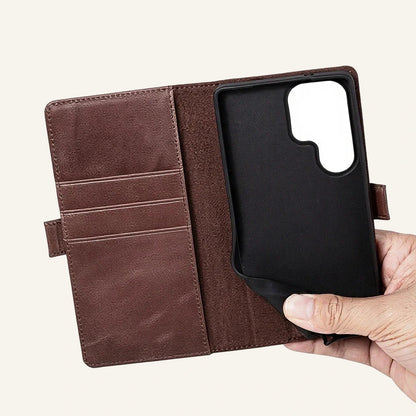 Genuine Leather Folio Screen Protector Wallet Phone Case for Samsung Galaxy S25 Series (Wholesale/OEM) - #F6F3ED square main image