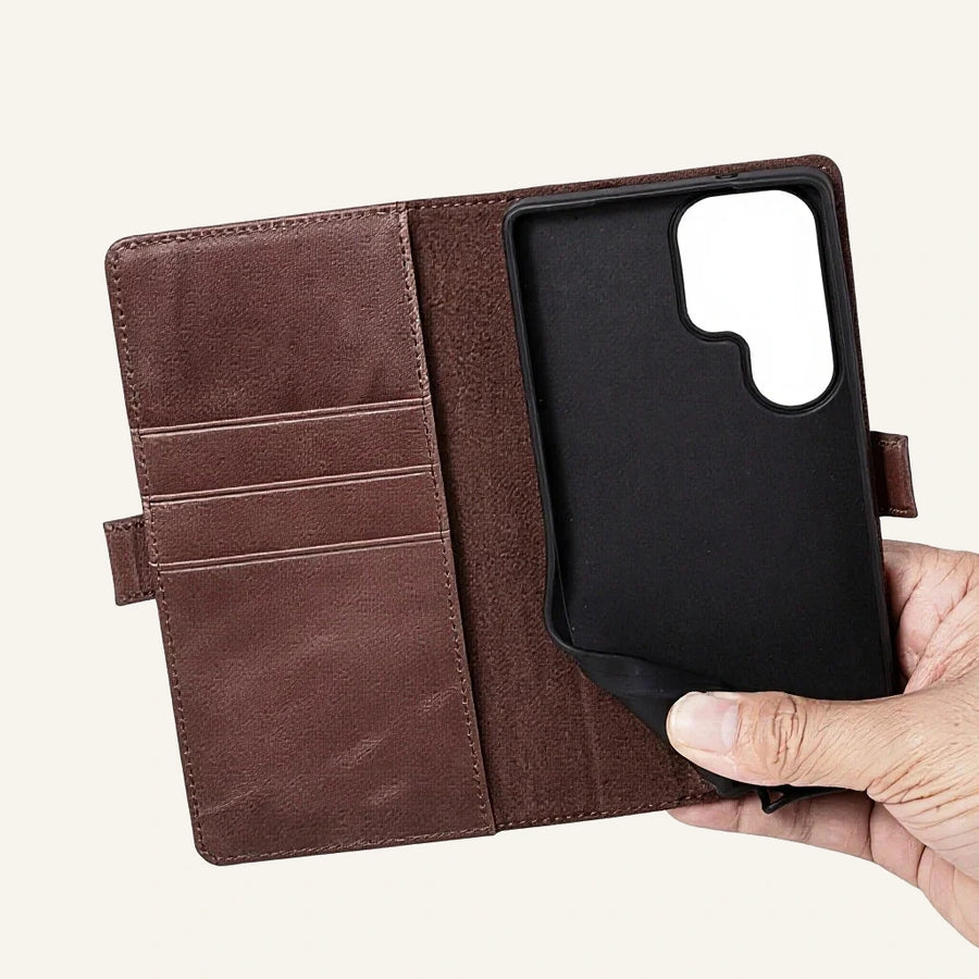 Genuine Leather Folio Screen Protector Wallet Phone Case for Samsung Galaxy S25 Series (Wholesale/OEM) - #F6F3ED square main image