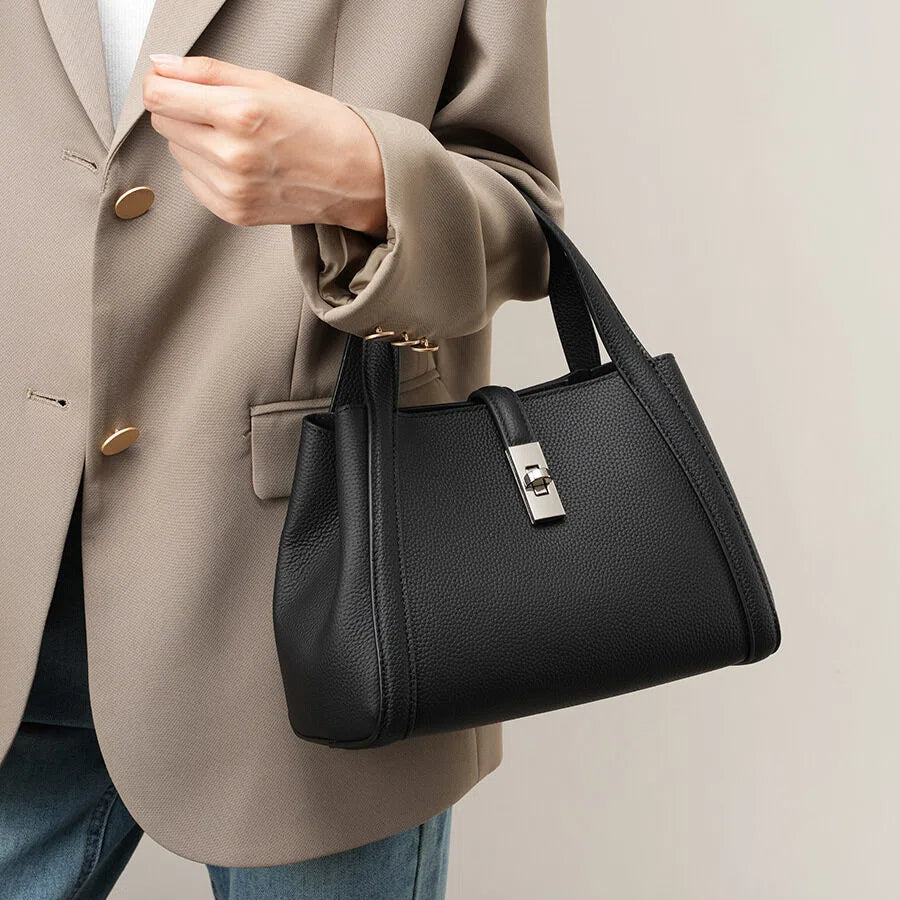Genuine Leather Lock Shoulder Handbag - image 2