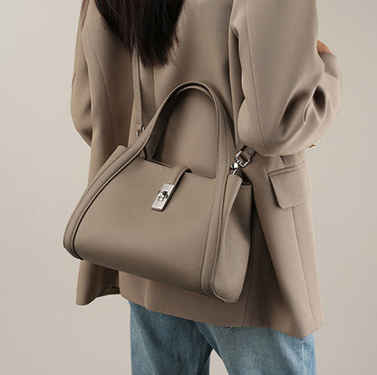 Genuine Leather Lock Shoulder Handbag - image 4