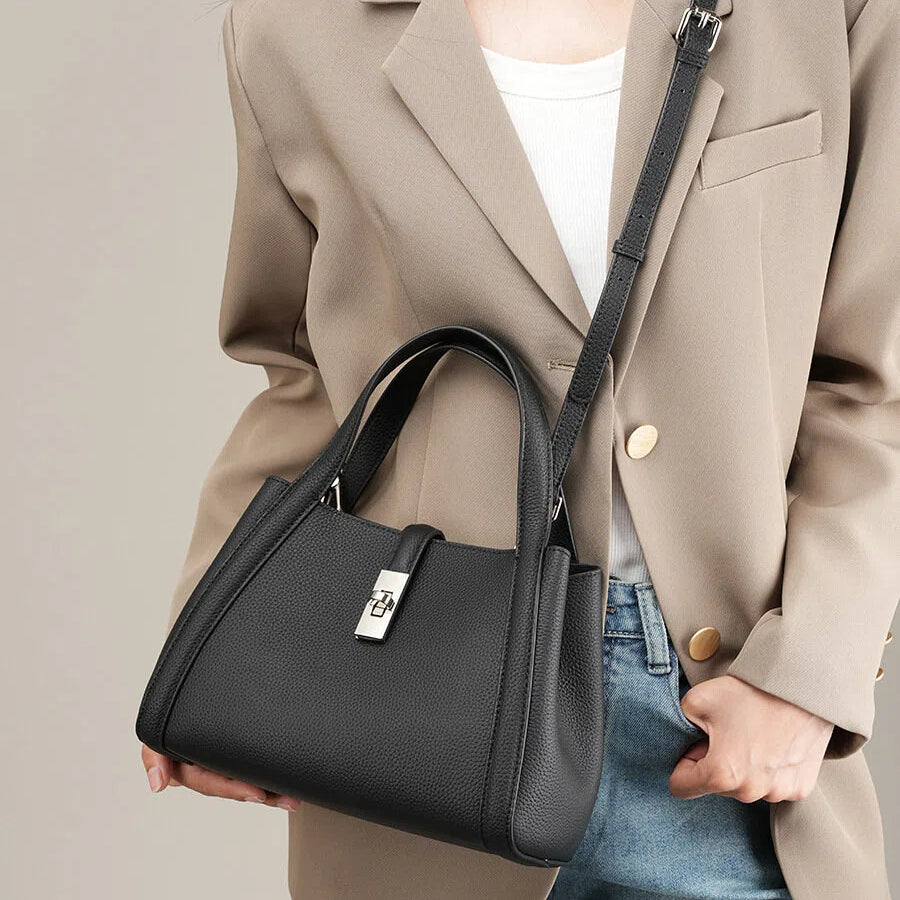 Genuine Leather Lock Shoulder Handbag - image 5
