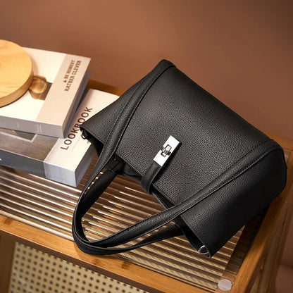 Genuine Leather Lock Shoulder Handbag - image 6