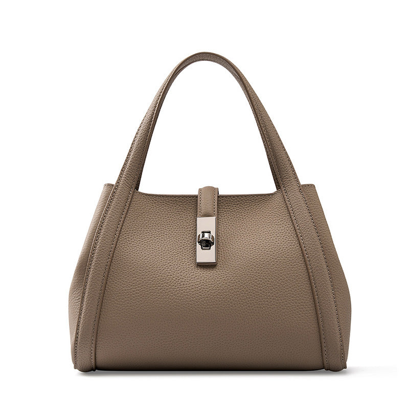 Genuine Leather Lock Shoulder Handbag - image 7