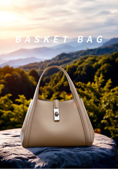 Genuine Leather Lock Shoulder Handbag - image 8
