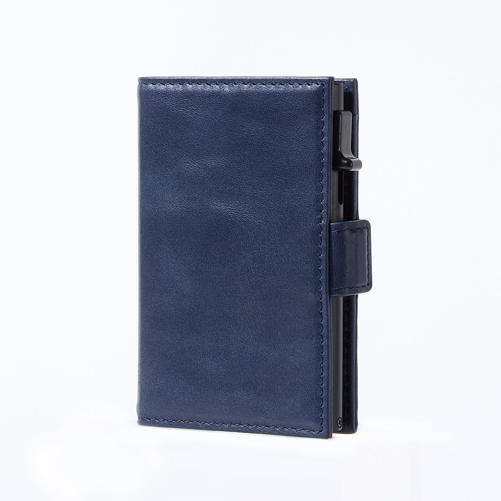 Navy genuine leather RFID pop-up aluminum card holder - image 1