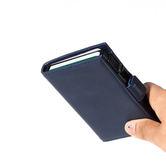 Navy genuine leather RFID pop-up aluminum card holder - image 2