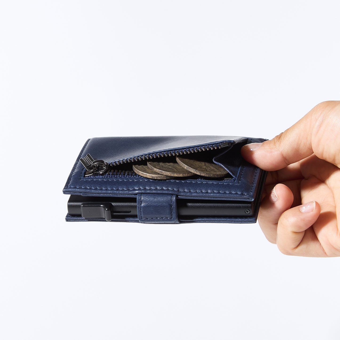 Navy genuine leather RFID pop-up aluminum card holder - image 10