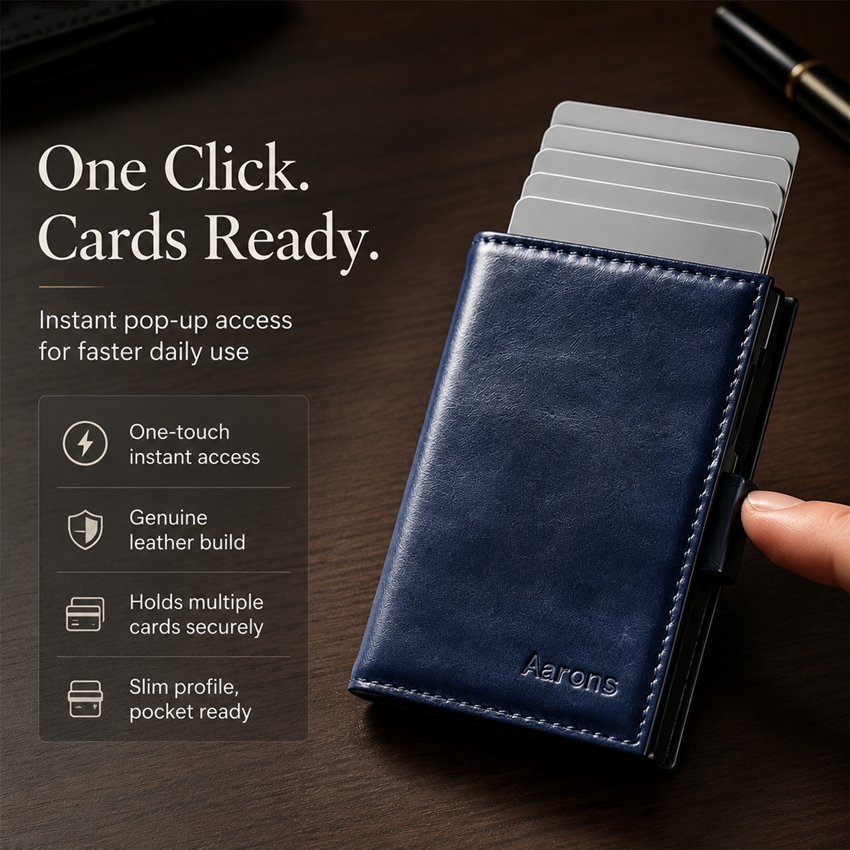 Navy genuine leather RFID pop-up aluminum card holder - image 12