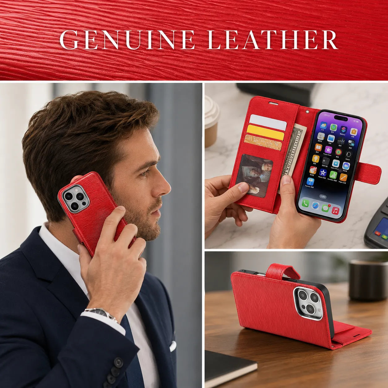 Genuine Red Leather iPhone 16 Pro Case (Wholesale/OEM Manufacturer)