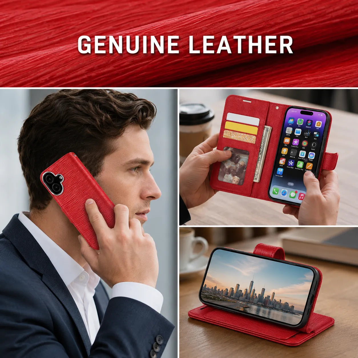 Genuine Red Leather iPhone 16 Case (Wholesale/OEM Manufacturer)