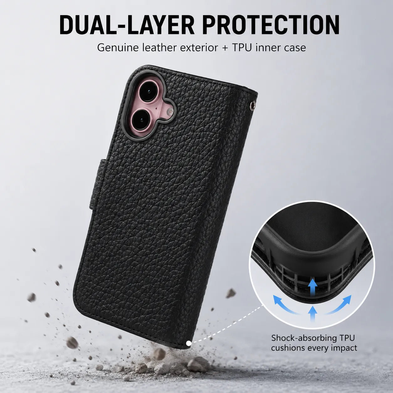 Genuine Black Leather iPhone 16 Case (Wholesale/OEM Manufacturer)