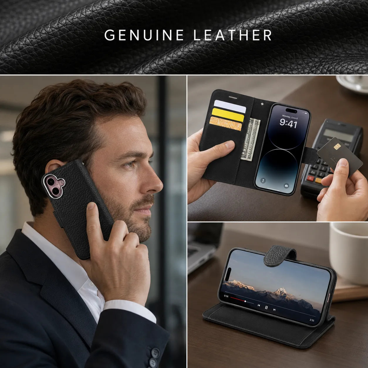 Genuine Black Leather iPhone 16 Case (Wholesale/OEM Manufacturer)