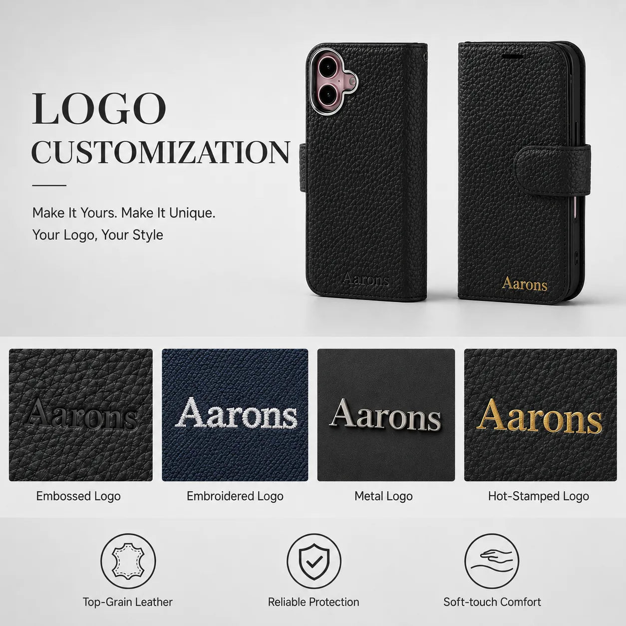 Genuine Black Leather iPhone 16 Case (Wholesale/OEM Manufacturer)