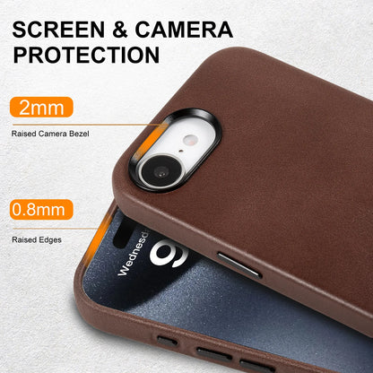 Dark Brown Genuine Leather Back Cover Phone Case for iPhone 16e (Wholesale/OEM Manufacturer)