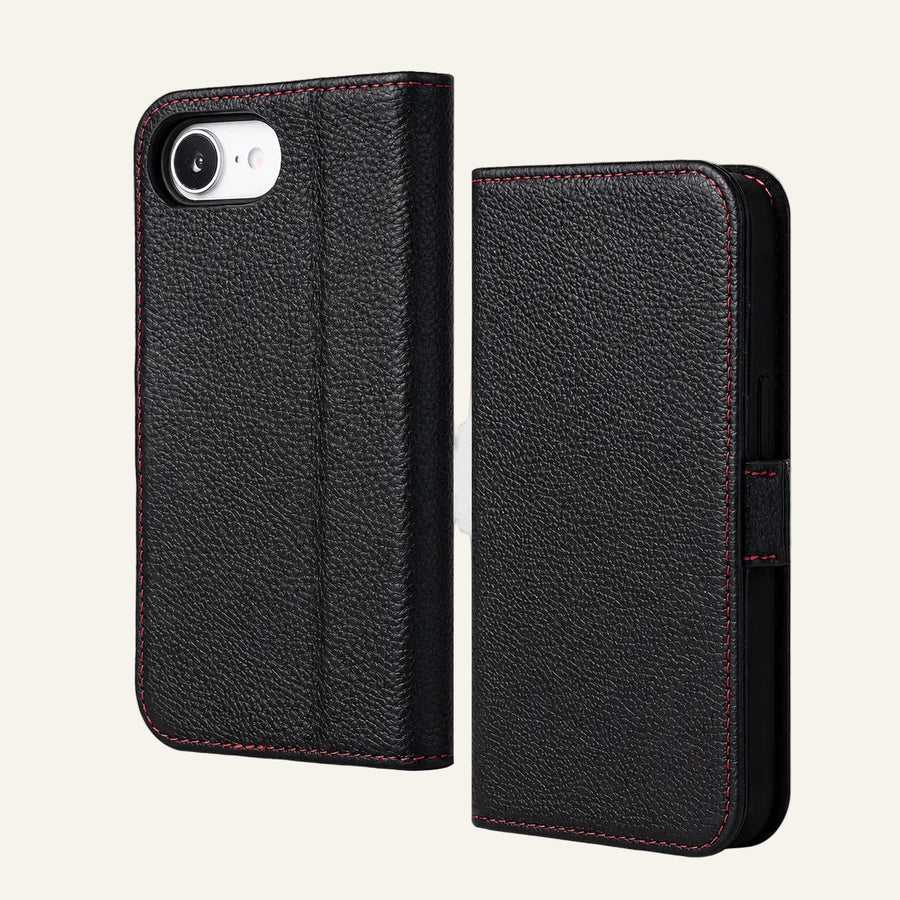 negro cuero folio tipo flip funda para iPhone 16e (Fabricante mayorista/OEM)