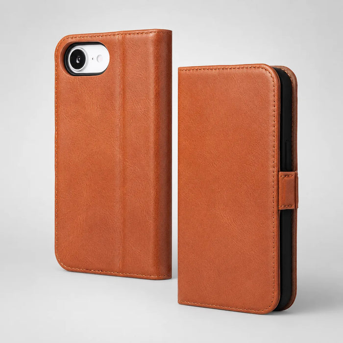 Brown Genuine Leather Flip Wallet Case for iPhone 16e (Wholesale/OEM Manufacturer)