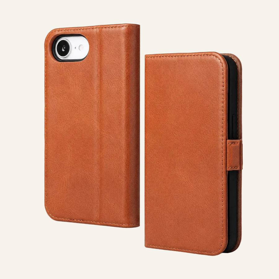 marrón cuero genuino tipo flip funda billetera para iPhone 16e (Fabricante mayorista/OEM)