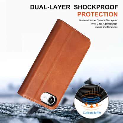 Brown Genuine Leather Flip Wallet Case for iPhone 16e (Wholesale/OEM Manufacturer)