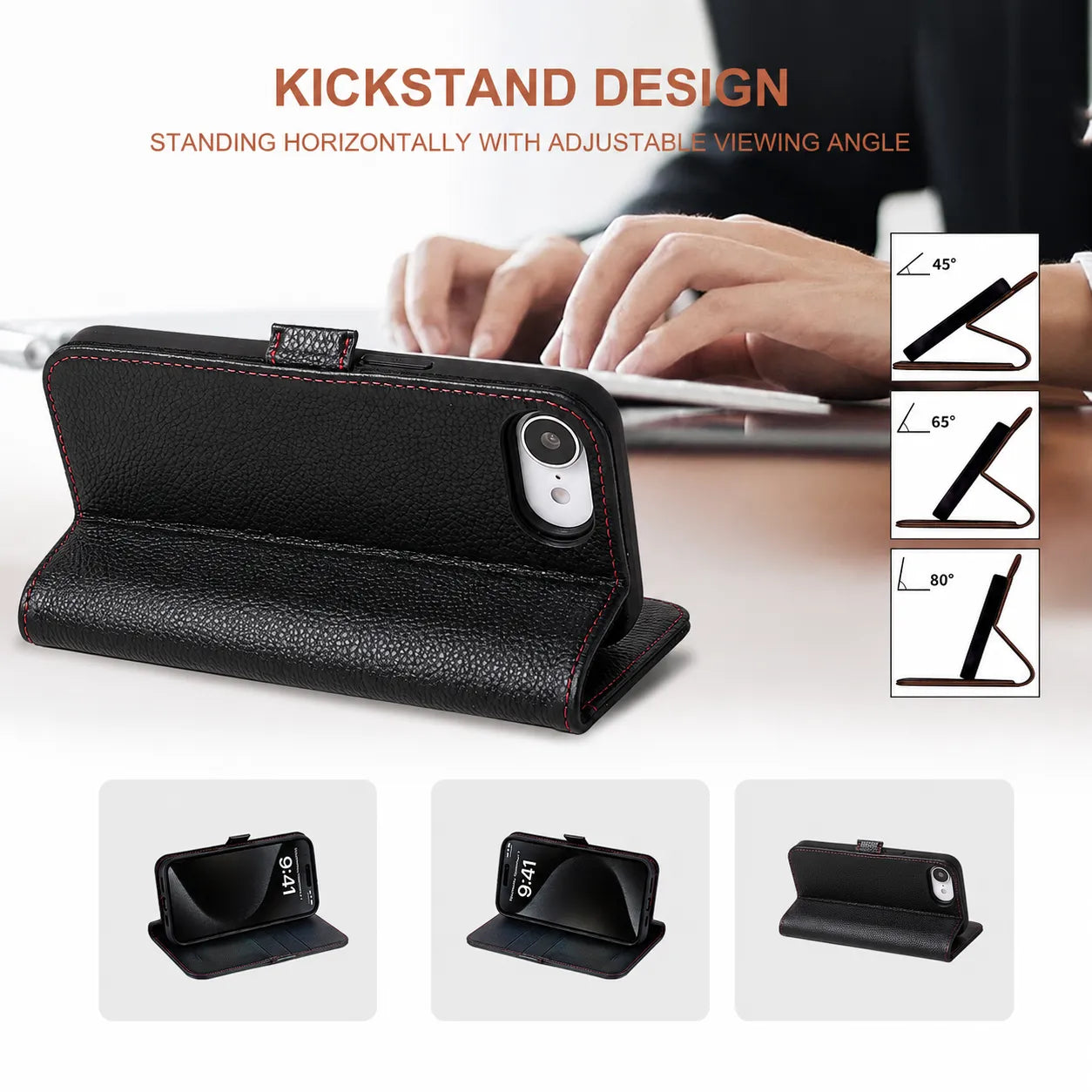 Black Leather Folio Flip Case for iPhone 16e (Wholesale/OEM Manufacturer)