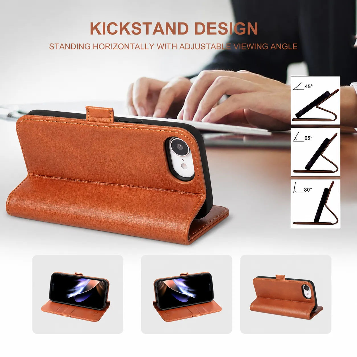 Brown Genuine Leather Flip Wallet Case for iPhone 16e (Wholesale/OEM Manufacturer)