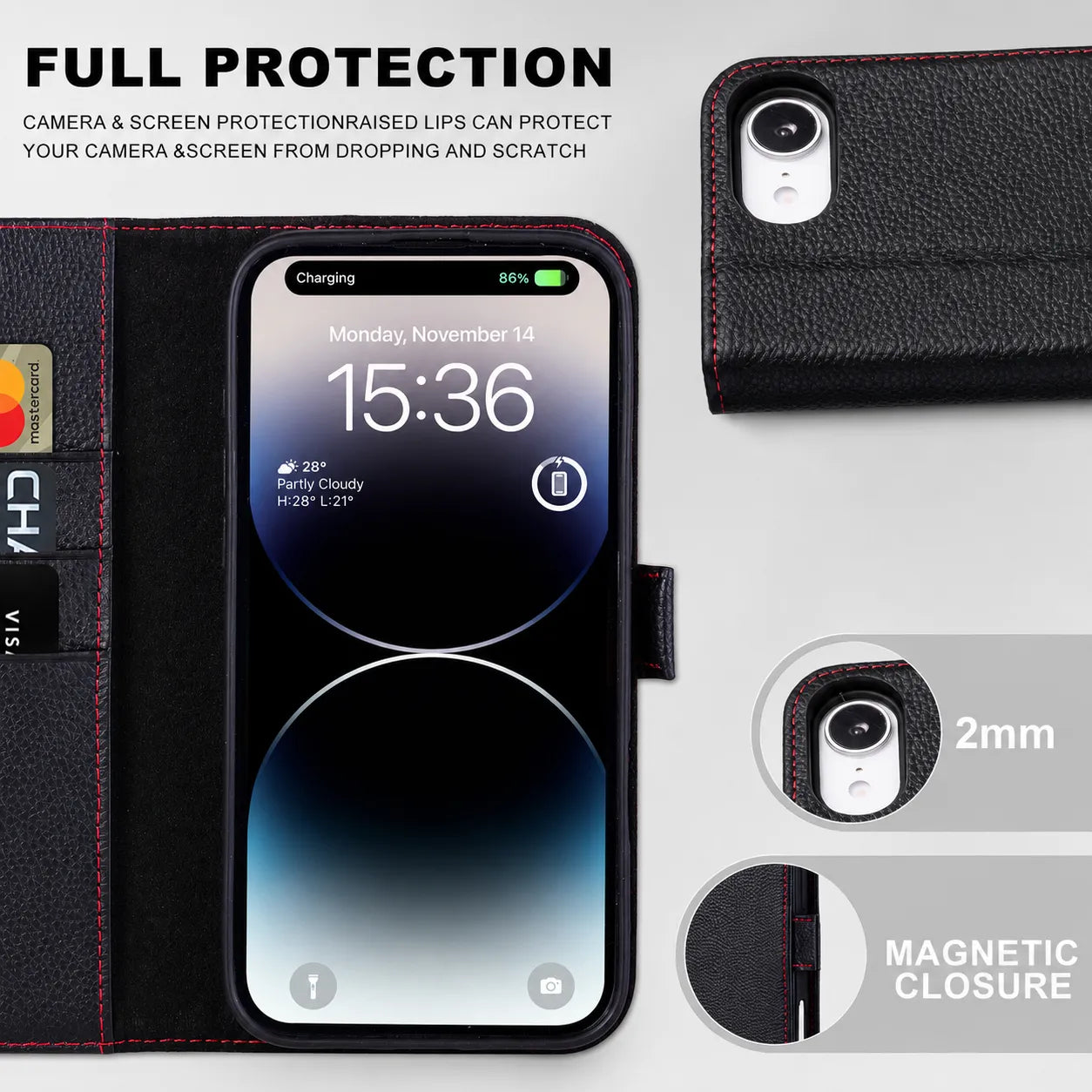 Black Leather Folio Flip Case for iPhone 16e (Wholesale/OEM Manufacturer)