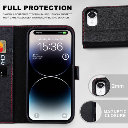Black Leather Folio Flip Case for iPhone 16e (Wholesale/OEM Manufacturer)