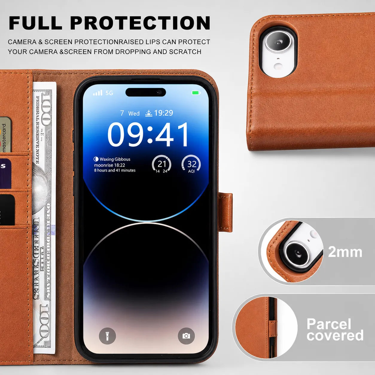 Brown Genuine Leather Flip Wallet Case for iPhone 16e (Wholesale/OEM Manufacturer)