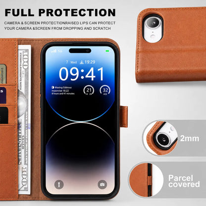Brown Genuine Leather Flip Wallet Case for iPhone 16e (Wholesale/OEM Manufacturer)
