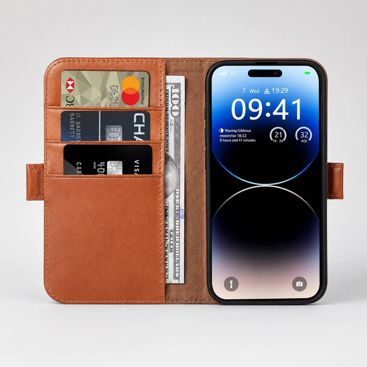 Brown Genuine Leather Flip Wallet Case for iPhone 16e (Wholesale/OEM Manufacturer)