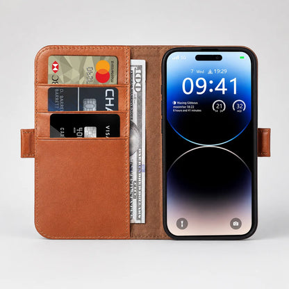 Brown Genuine Leather Flip Wallet Case for iPhone 16e (Wholesale/OEM Manufacturer)