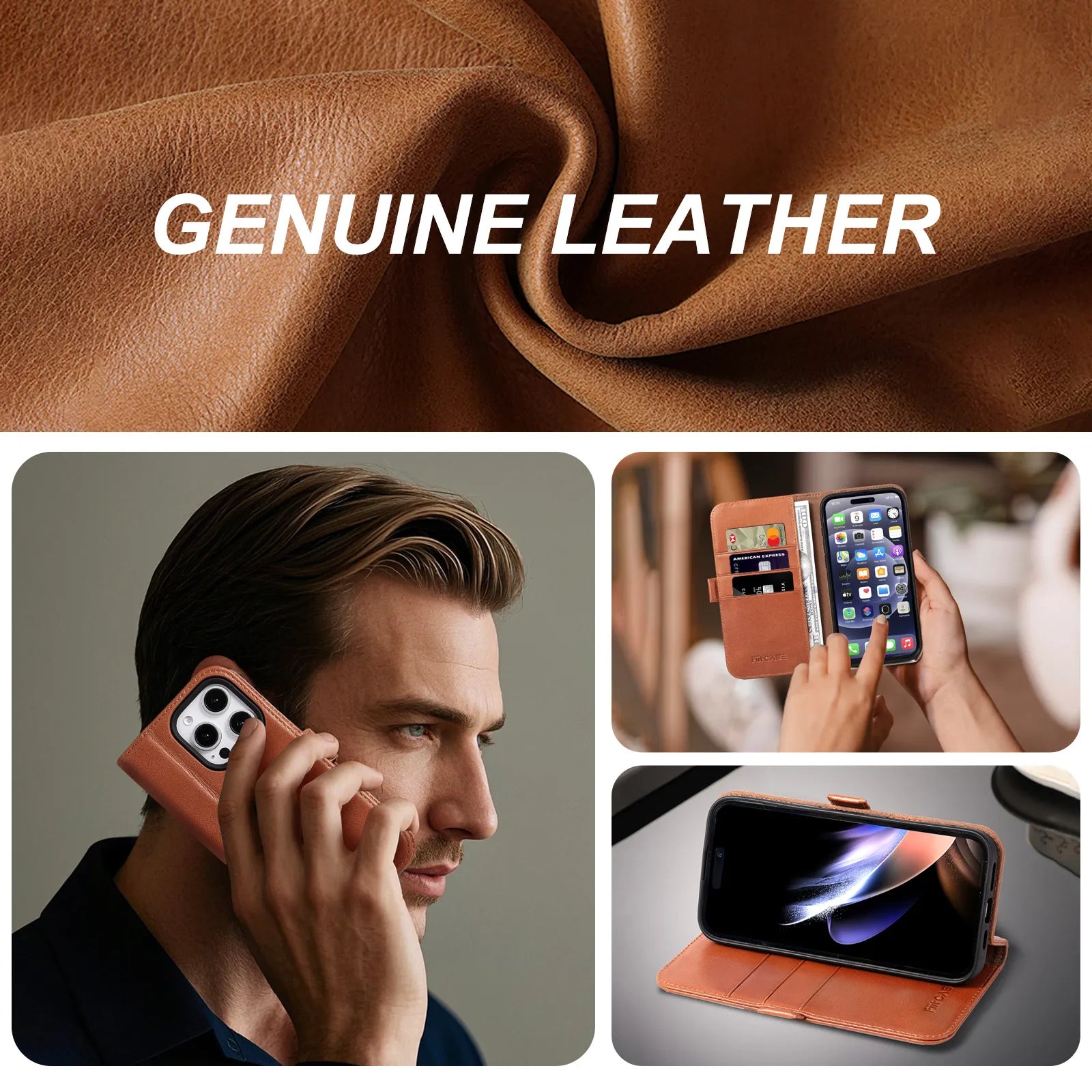 Brown Genuine Leather Flip Wallet Case for iPhone 16e (Wholesale/OEM Manufacturer)