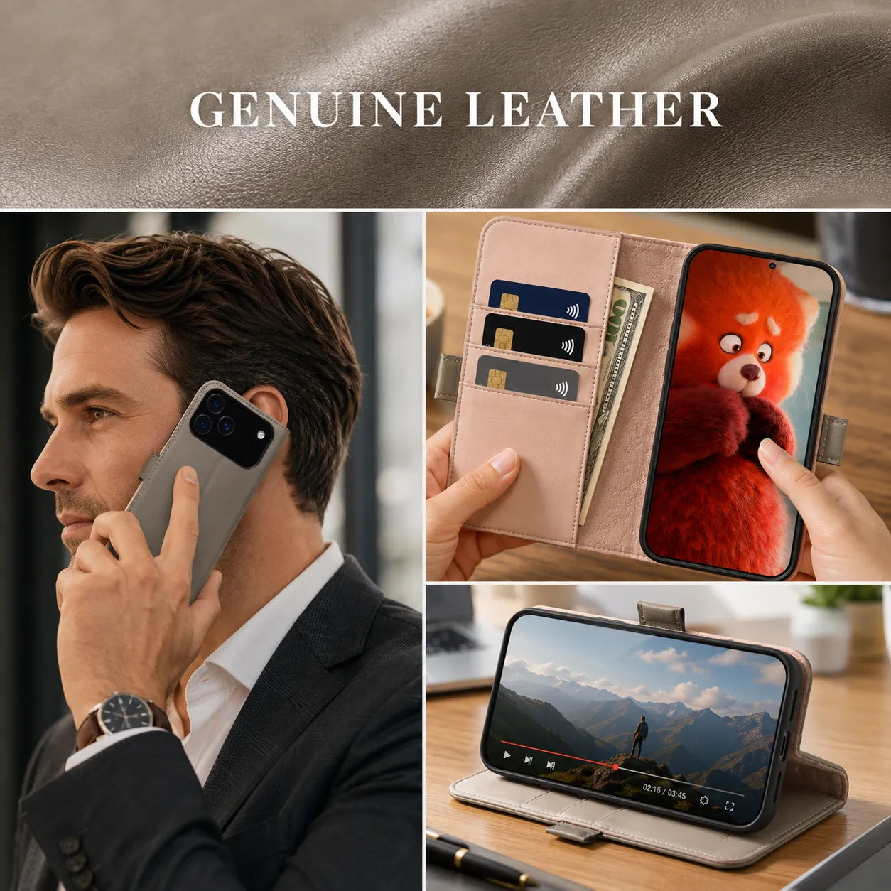 Genuine Leather Wallet Phone Case for iPhone 17 Pro Max (Wholesale/OEM Manufacturer)