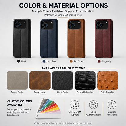 Genuine Leather Wallet Phone Case for iPhone 17 Pro Max (Wholesale/OEM Manufacturer)