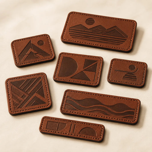Laser engraved brown leather patches concept sample for hats and apparel