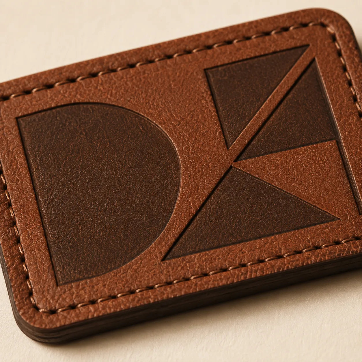 Close-up of dark laser engraved placeholder mark on leather patch